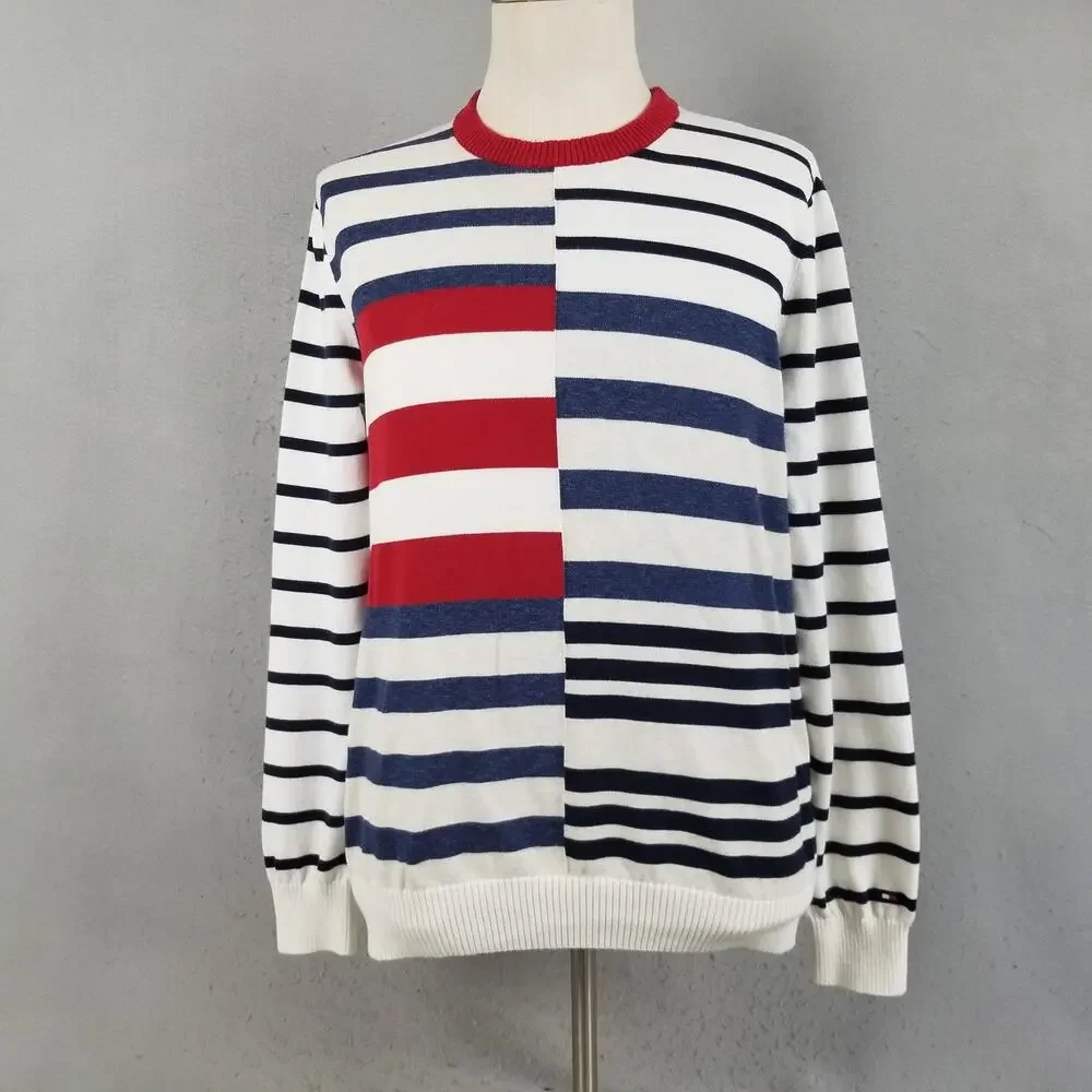 Tommy Hilfiger Sweater Mens Large White Navy‎ Red Striped Crewneck Cotton Knit
